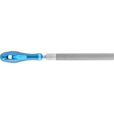 A flat file with a blue plastic handle. The file surface is metallic and has diagonal grooves for smoothing materials.