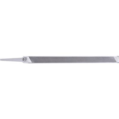 A flat, metallic file with a pointed, rectangular shape and a textured surface for grinding materials.