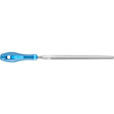 Metal file with blue plastic handle, rectangular shape, for smoothing metal or wooden surfaces.