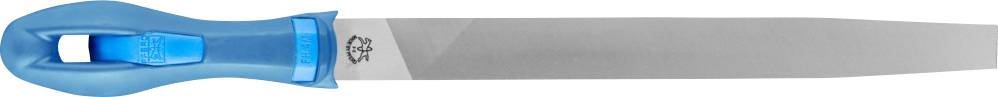 A file with a blue handle, the upper half made of metal, with a bevelled edge. It is used for filing surfaces.