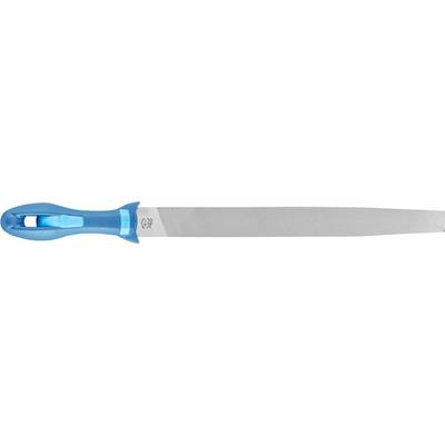 A metal file with a blue handle, shaped for surface machining, on a white background.