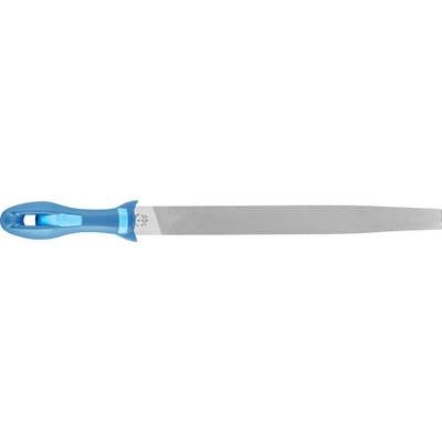 Metal file with blue plastic handle, suitable for grinding metals and other hard materials, on white background.