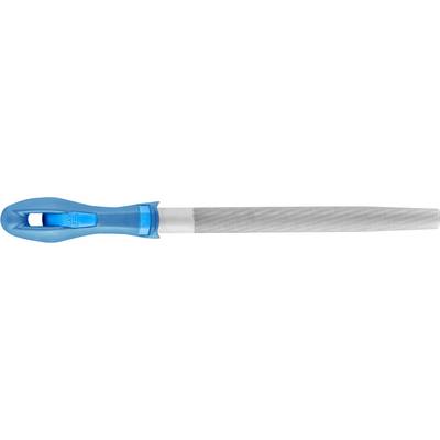 Metal file with a blue ergonomic handle, positioned horizontally. The file has a tapered end and a grey, rough surface.