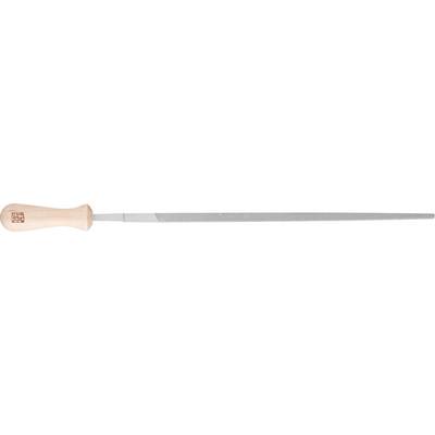 Metal file with a long, narrow metal blade and a light wooden handle.