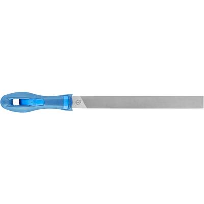Metal file with blue plastic handle, suitable for smoothing metal surfaces.
