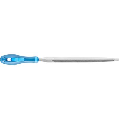 A blue flat file with an ergonomic handle, suitable for smoothing and working with metal or wooden surfaces.