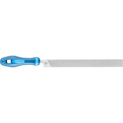 Metal or wood file with a blue handle, flat profile.
