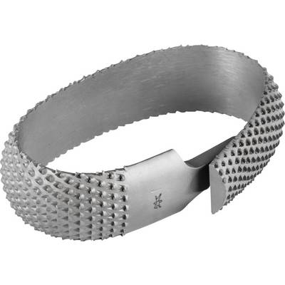 A metal hoof rasp ring with a coarse, diamond-shaped rasp structure, used for trimming horse hooves.