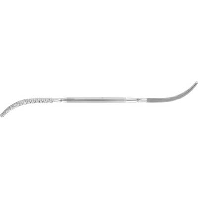 Double-ended, curved dental instrument with a ribbed surface for dental cleaning and removal of dental plaque.