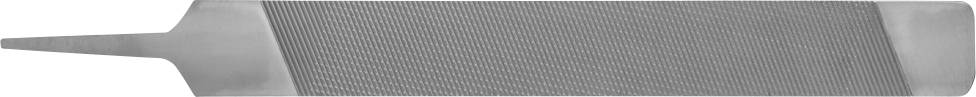 Metal file with a narrow handle and wide, ribbed file surface, suitable for smoothing and shaping metal surfaces.
