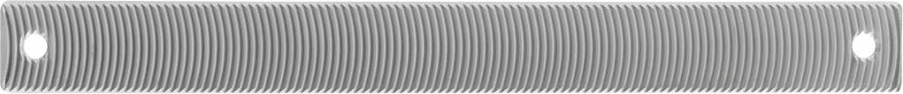 A long, rectangular, silver metal ventilation grille with fine, parallel grooves and two round openings at each end.