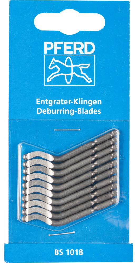 'PFERD Deburring Blades' in blue packaging. Contains ten metal blades for deburring. Product code: BS 1018.<br><br>Note: This is already very close to British English, with only minor adjustment to capitalisation and spelling.