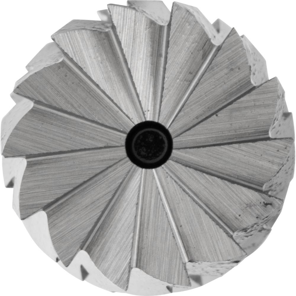 A silver cutting tool attachment with radial blades, viewed from above, shows its precise serration and central mounting.