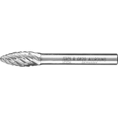 Cylindrical milling cutter with a tapered end and spiral flutes, inscribed with 'R R0120 ALLROUND GERMANY', on a silver surface.