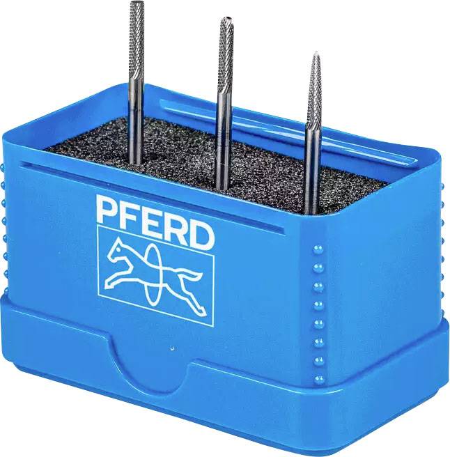 Blue box with three metal drill bits, marked with 'PFERD' logo, shows tool usage.