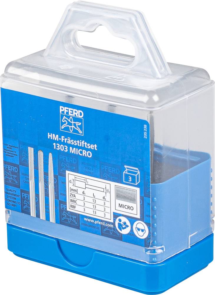 'HM Milling Cutter Set 1303 MICRO' by PFERD in a blue, transparent packaging, showing three milling cutters and technical details on the label.