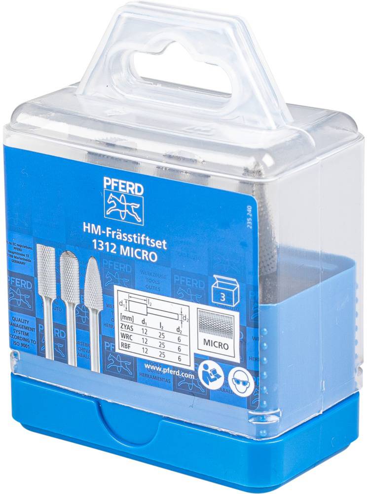 A set of HM milling cutters in a transparent plastic box with a blue base, product details and diagram on the packaging.