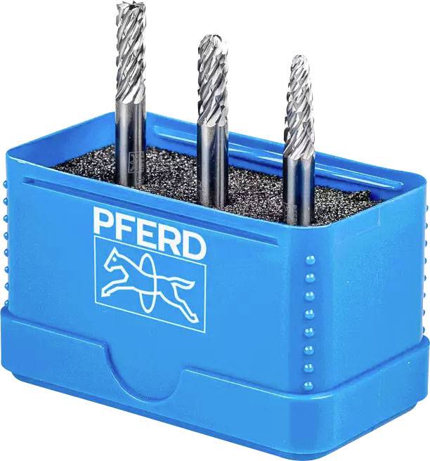 Three milling cutters in a blue plastic container with a horse logo.