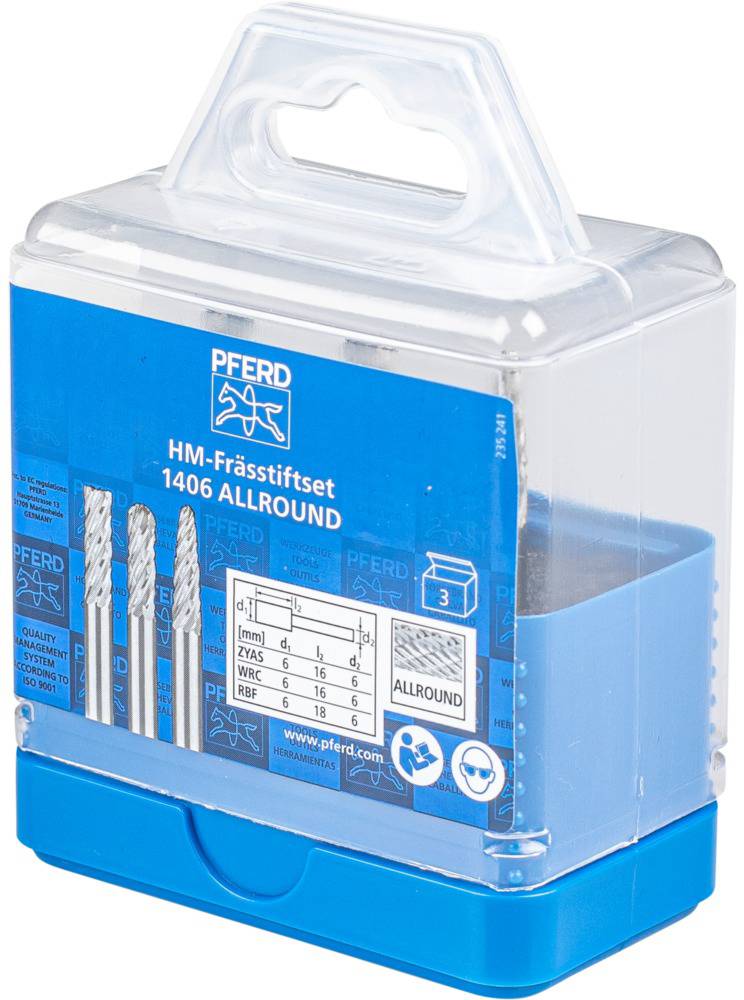 Blue plastic case with metal milling cutter set. Contains three cutters of different sizes. Label shows table with technical specifications.
