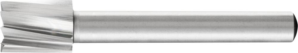 Silver-coloured end mill with a cylindrical shank and multiple cutting edges at the head, used for machining metal surfaces.