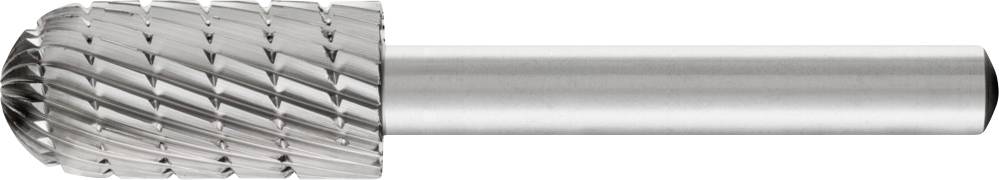 Silver milling cutter with a fluted head and smooth shank, used for metalworking.