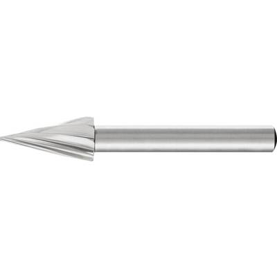 A conical metal drill bit with sharp cutting edges, mounted on a cylindrical shaft. Suitable for precise drilling.