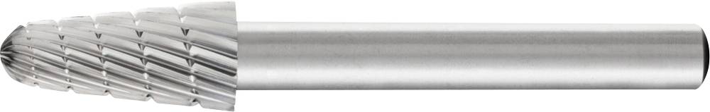 Cylindrical milling pin with a pointed head and spiral fluting. Primarily used for milling metals and other hard materials.