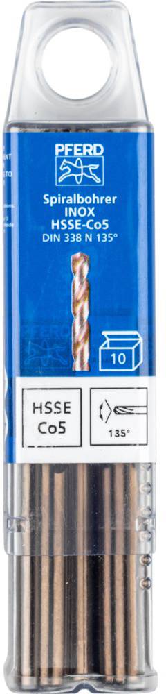 Pack of ten spiral drills for stainless steel. On the blue packaging it says 'Pferd'. DIN 338 N 135°, HSS C0.5.
