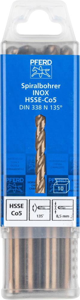 'Stainless Steel HSS-Cobalt Spiral Drill Bit, DIN 338 N 135°, Size 8.5 mm, Pack of 10.'