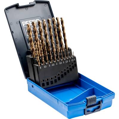 A set of drill bits in a blue box, with different sizes ranging from 1 to 10 mm, arranged in a holder with sizes clearly visible.