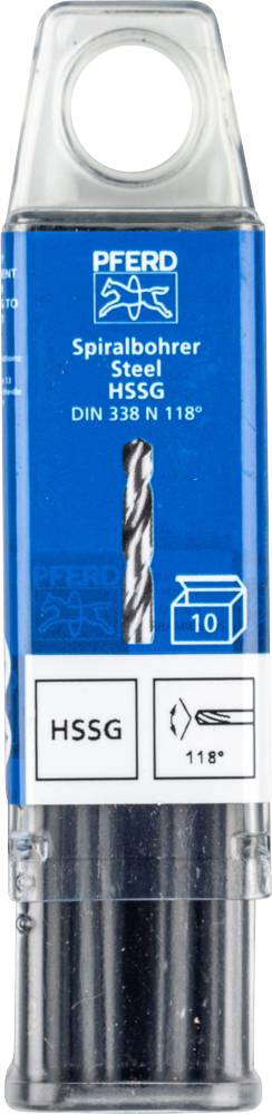 Packaging with twist drill for steel. Brand 'Pferd'. Contains 10 drills, HSS-G, DIN 338, 118°.