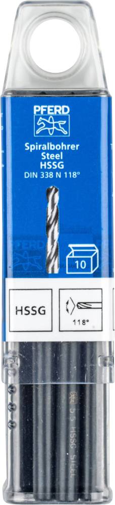 A pack of spiral drill bits made of steel, HSS-G, containing ten pieces, suitable for precise drilling in metal, blue packaging.