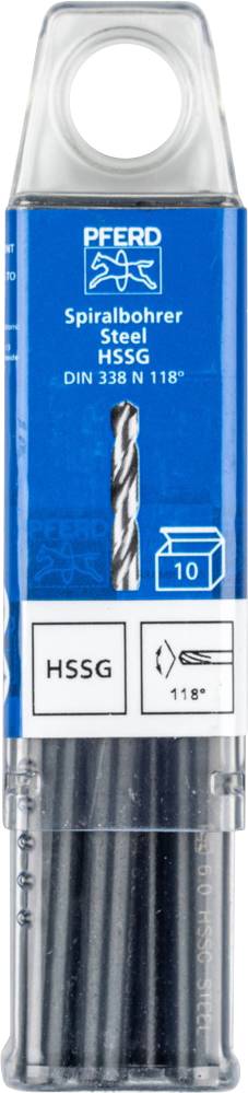 'HSS-G Twist Drill Bit Steel', 10 pieces in a blue packaging with a transparent lid. Drill bit size DIN 338 N 118°.