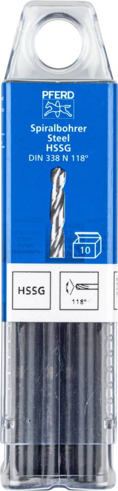 Packaging containing a 'Pferd' steel spiral drill bit, model 'HSSG', DIN 338 N 118°, includes 10 drill bits.