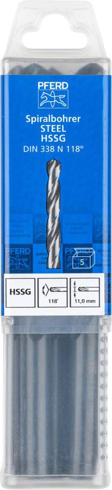 PFERD drill bit set, for steel, HSS-G type, DIN 338 size, 11.0 mm diameter, in clear packaging.