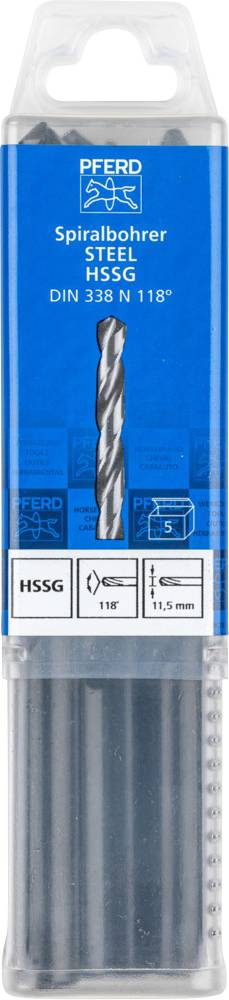 Packaging containing spiral drill bit, brand 'Pferd', type 'STEEL HSSG', diameter 11.5 mm, DIN 338, suitable for metal drilling.