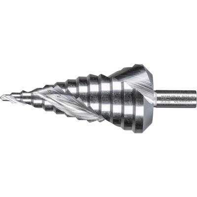 Steel stepped drill bit, cylindrically shaped, with spiral cutting edges. Primarily used for precise drilling in metal.