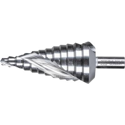 A silver-coloured stepped drill bit with multiple circular stages and a spiral flute, suitable for drilling into metal.