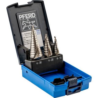 A set of stepped drill bits in a blue case, opened, with three different-sized drill bits, labelled with size specifications.