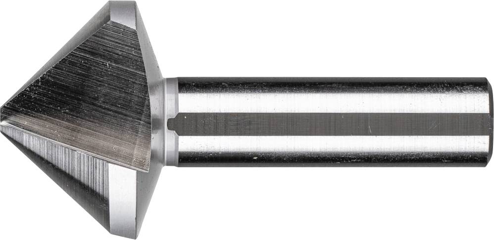 A metallic countersink with a cylindrical shank, used for creating recesses in workpieces for screws or bolts.