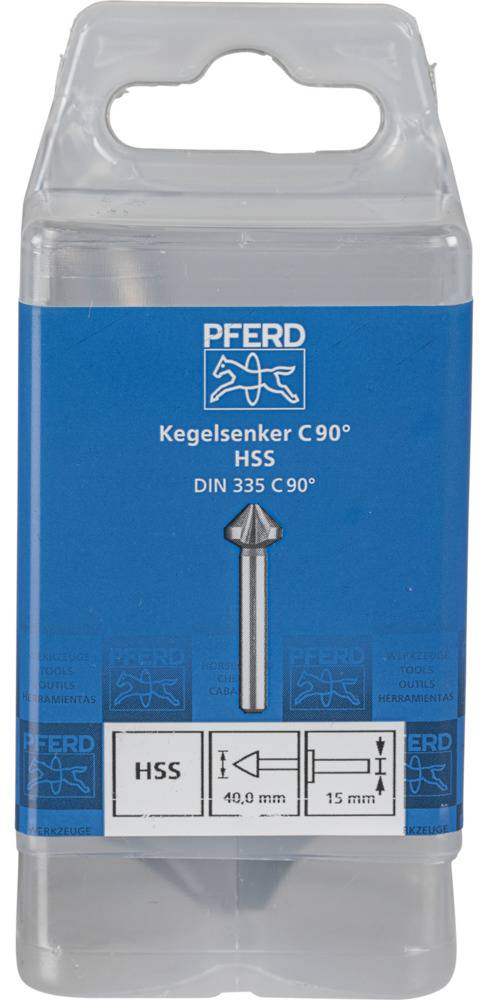A pack containing an HSS countersink, suitable for countersinking as per DIN 335 C90°, with a diameter of 40.0 mm and a length of 15 mm.