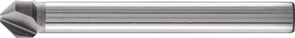 Metal countersink with a conical point and cylindrical shaft. Used for countersinking holes in workpieces.