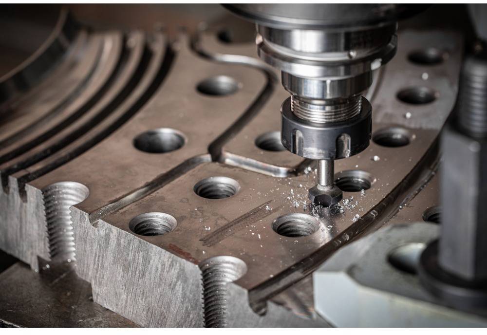 A machine is machining a metal piece with precise holes. Metal shavings are visible, indicating active processing.