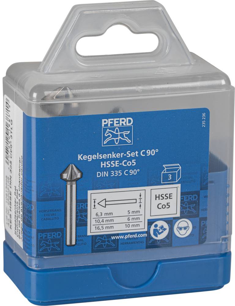 'Countersink Drill Set C90° HSSE-Co5' by PFERD, contains three drills of different sizes, packed in a blue plastic box.
