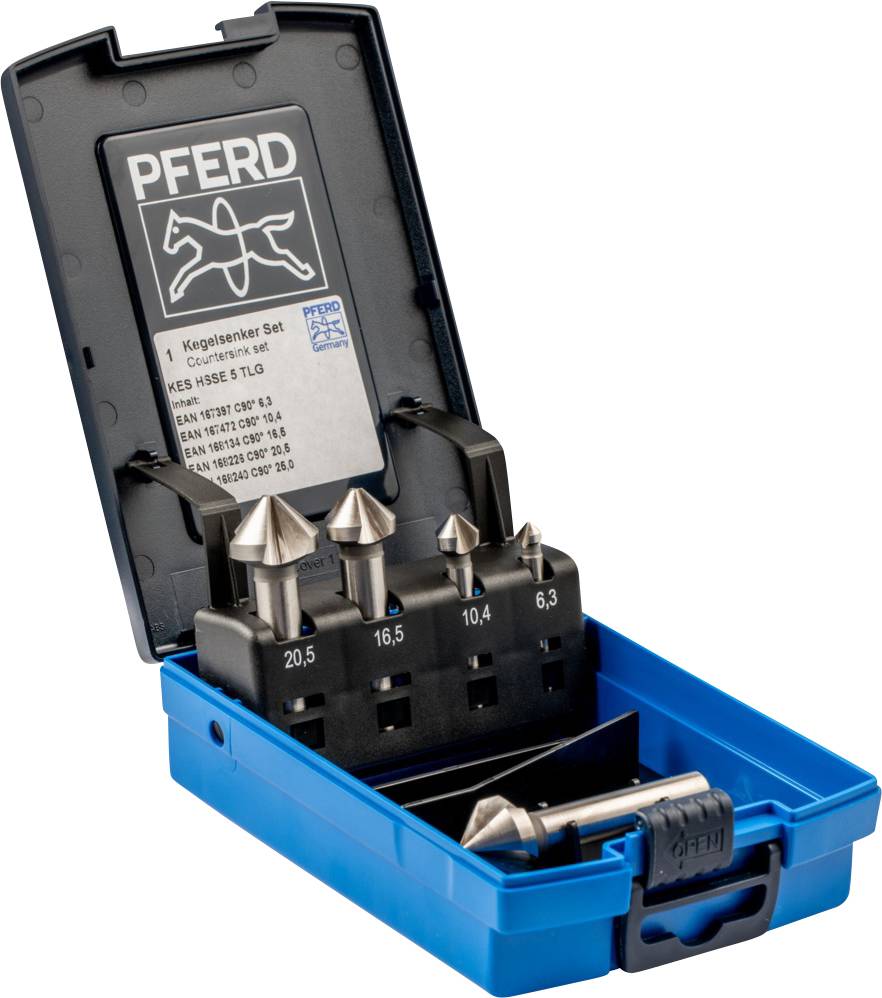 An opened set with five countersink bits in a blue box. Each bit has a specific size displayed on the box.