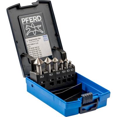 Deburring Cone Set in blue plastic box. Six deburring cones in various sizes, numbered from 6.3 to 20.5.