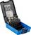 Deburring Cone Set in blue plastic box. Six deburring cones in various sizes, numbered from 6.3 to 20.5.