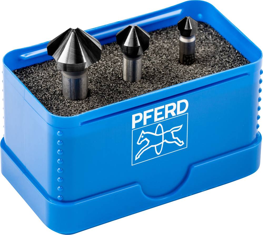 Three-piece deburring set in blue box with 'PFERD' logo. Contains various countersinking tools for metalworking.