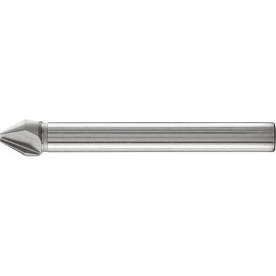 A silver metal countersink, cylindrical with a chamfered tip, for machining holes.