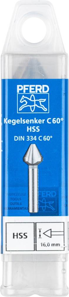 'PFERD Countersink C 60°, HSS, DIN 334 C 60°, 16.0 mm' with an illustration of a countersink